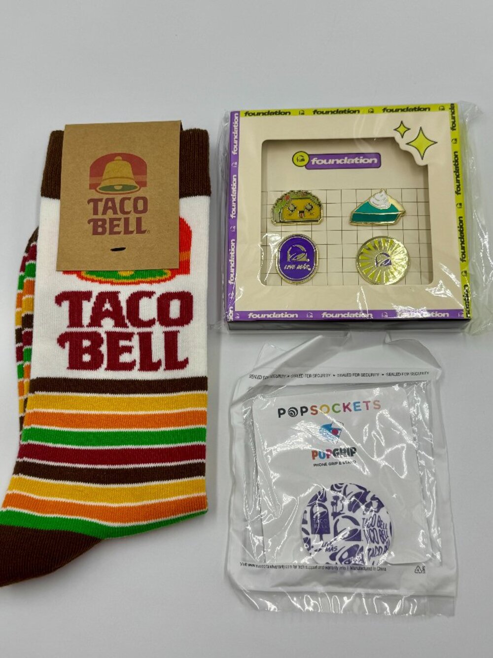 Taco Bell Themed Socks, Pop Socket and Pins Bundle